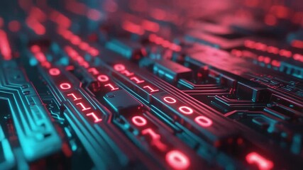 Circuit board with glowing binary code data streams in neon red and cyan light, Glowing digital circuit pulses with neon binary streams, Futuristic cyber grid processes bright flowing data. - Powered by Adobe