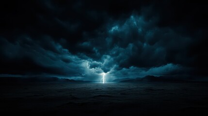 A dramatic scene featuring a lone lightning strike illuminating the dark clouds above a vast ocean, symbolizing the power and unpredictability of nature's forces.