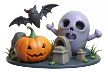Spooky halloween scene with pumpkin ghost and bat