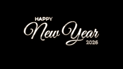 Happy new year 2026 image in silver lettering against a black background. Perfect for new years eve party invitations or social media posts.
