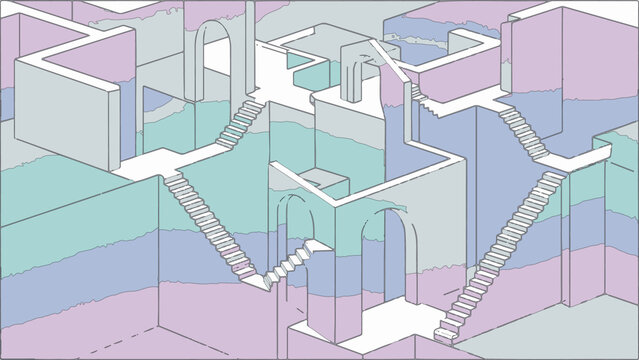 Dreamlike vector landscape of folded paper planes, impossible stairs and floating arches, pastel gradients and thin outlines in a minimal surreal composition