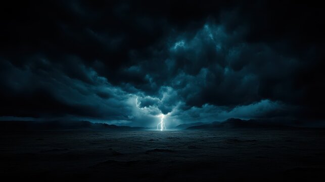 A dramatic scene featuring a lone lightning strike illuminating the dark clouds above a vast ocean, symbolizing the power and unpredictability of nature's forces.