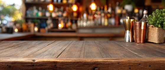Blurry bar counter with wooden surface and alcohol bottles in the background, ideal for a studio background or creative project