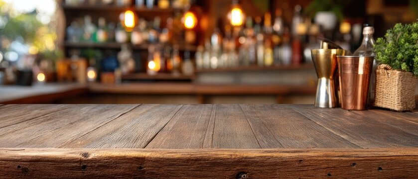 Blurry bar counter with wooden surface and alcohol bottles in the background, ideal for a studio background or creative project