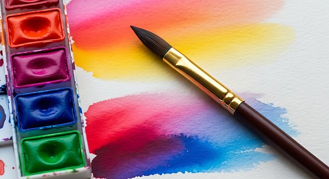 Watercolor painting tools with colorful paint and a paintbrush on white paper