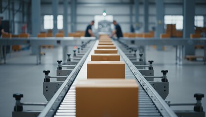 Cardboard boxes are traveling along a modern automated conveyor belt system inside a large warehouse, showing continuous logistics, efficient distribution, and industrial manufacturing process
