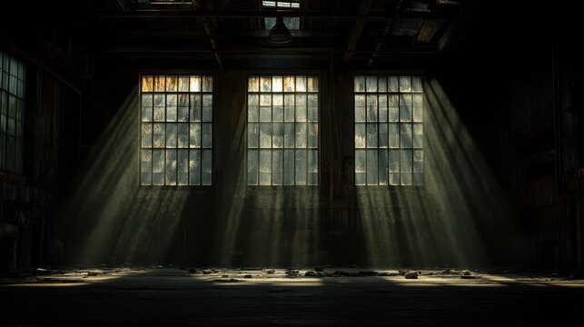 The image portrays sunlight streaming through dusty, abandoned factory windows, creating a dramatic interplay of light and shadow in a forgotten industrial space.