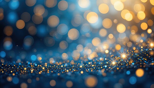 Stunning bokeh lights and glittery sparkles creating a magical and festive atmosphere perfect for holiday promotions and elegant designs with blue and gold tones