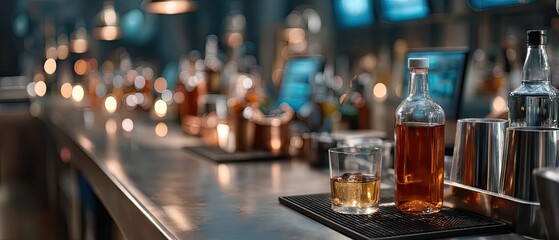 Luxury bar setting featuring blurred alcohol bottles and an elegant counter in a high-end club or restaurant during evening hours