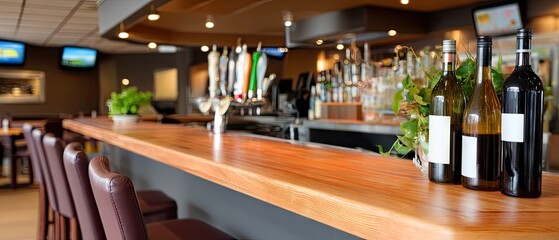 Luxury club or restaurant interior with an elegant alcohol display and a blurred bar background featuring various bottles and shelves, creating an inviting atmosphere