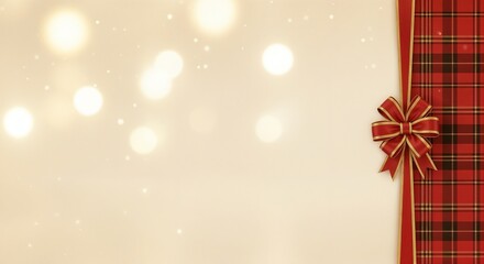 Festive Christmas background with red tartan gift wrap and a bow. Traditional red checkered pattern for holiday packaging. New Year design with copy space