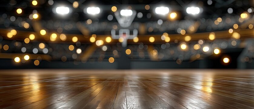 Blurred basketball stadium with wooden floor and out-of-focus lights designed for backgrounds, banners, and cinematic projects