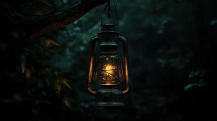 A vintage oil lantern casts a warm glow in a dark, lush forest, evoking a sense of adventure and mystery. The interplay between light and shadow captivates the viewer.