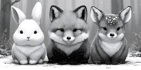 Cute baby rabbit and fox friendship in winter snow