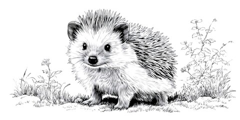 Naklejka premium Cute hedgehog standing in grass line art drawing