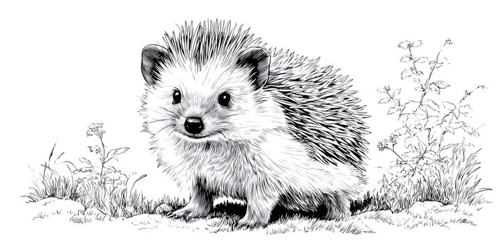 Cute hedgehog standing in grass line art drawing