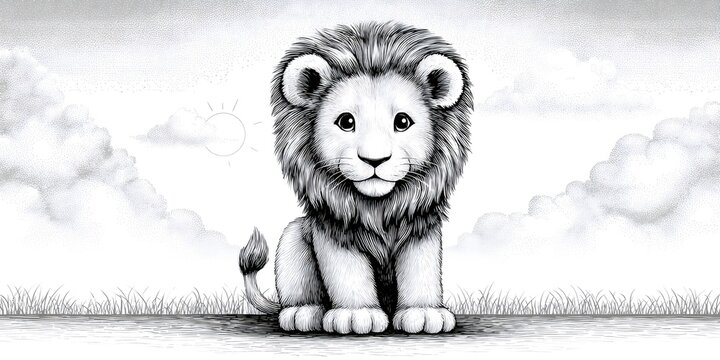 Cute lion cub cartoon drawing in black and white