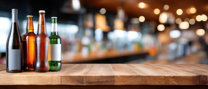Blurred bar counter showcasing various liquor bottles for a cocktail party atmosphere with space for a message or text display