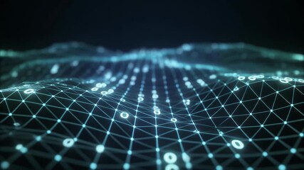 Abstract digital network grid with glowing binary code flowing through interconnected, Digital network grid glows with flowing binary code, Futuristic data lines connect a global cyber system. - Powered by Adobe