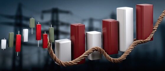 Stock market chart with electricity and power grid elements showing rising energy trends in a digital art style