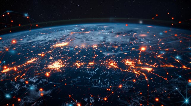 Glowing grid around a globe, symbolizing globalization and connections in international markets
