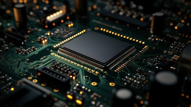 This detailed close-up showcases a modern computer circuit board featuring intricate pathways and a prominent microchip at its center, embodying advanced tech design.