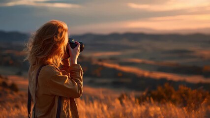 Professional female photographer capturing breathtaking sunset view in scenic outdoor location surrounded by nature - Powered by Adobe
