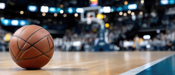 Basketball sits on the court in an empty professional stadium with a blurred background and low depth of field, capturing a moment in anticipation of the game