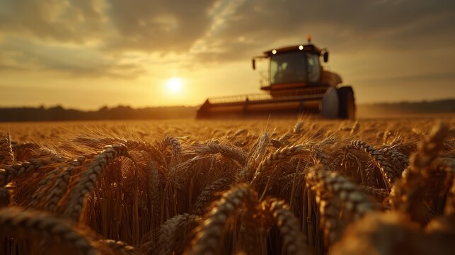 A majestic landscape showcasing a tractor harvesting golden wheat against a stunning sunset, capturing the essence of agriculture and hard work in the countryside.
