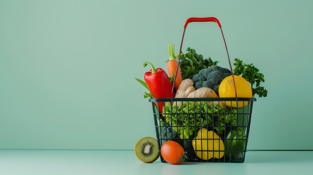 Shopping basket full of fresh vegetables on isolated background — perfect for grocery ads, used for healthy food and market promotions.