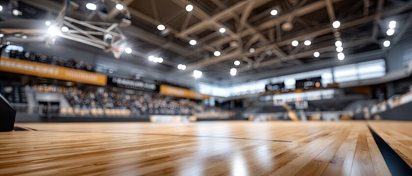 Blurred empty basketball court in indoor arena with spotlight shining on wooden floor and distant fans in the background