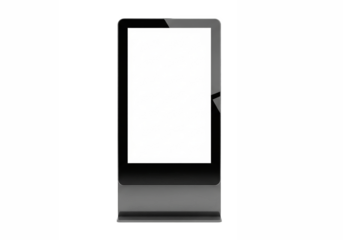 Modern digital kiosk display with a blank white screen for advertising or information isolated on transparent background