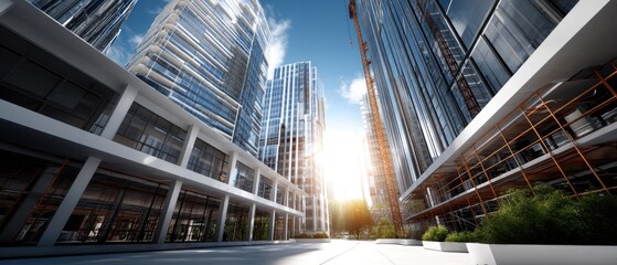 High-rise building construction with crane and scaffolding in city center against a clear blue sky background showcasing concrete framework