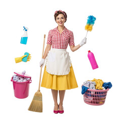 Smiling retro housewife in 1950s clothing holding a broom, surrounded by levitating cleaning supplies, laundry basket, and trash bin.