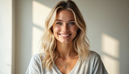 Young blonde woman in grey t-shirt smiles warmly showing white teeth. Natural light illuminates her face with soft shadows. She has blue eyes and wears delicate necklace, conveying positivity and joy.