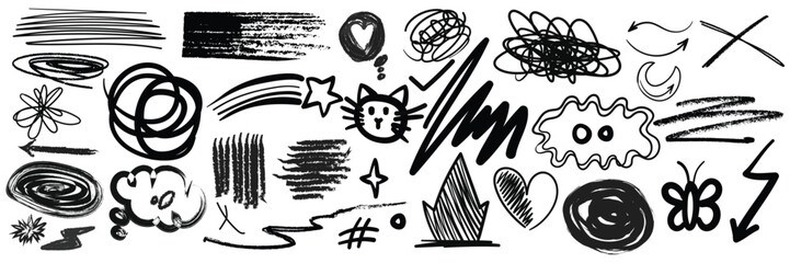 Chalk scribble doodle elements set for poster, social media. Crayon handwritten doodles. Rough hand drawn marker sketch with brush grunge texture. Vector illustration, pencil drawing.