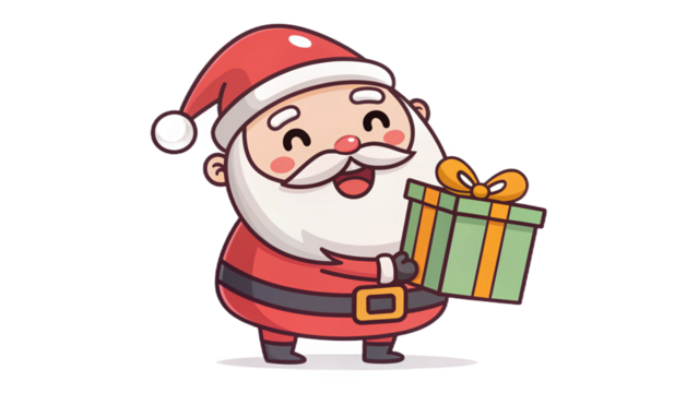 "Cute Santa Claus cartoon vector, big smile, round belly, holding a gift box, bold clean outlines, bright festive colors, isolated on transparent background"