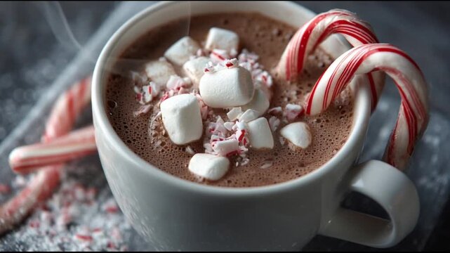 Hot Chocolate With Marshmallows And Candy Cane