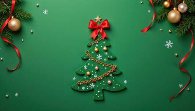 Christmas tree decoration with red bow and golden ornaments on green background with festive ribbons and pine branches