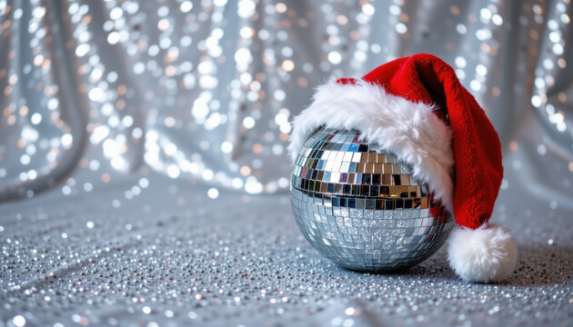 Disco ball with red Santa hat on glittery surface with blurred festive lights in background creating joyful holiday mood