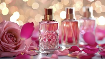 A faceted glass perfume bottle with pink liquid is surrounded by a pink rose and falling petals set against a glowing bokeh background - Powered by Adobe