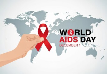 World aids day awareness with red ribbon in hand and world map background, symbolizing support and solidarity for those affected by hivaids