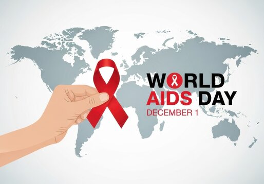 World aids day awareness with red ribbon in hand and world map background, symbolizing support and solidarity for those affected by hivaids - Powered by Adobe
