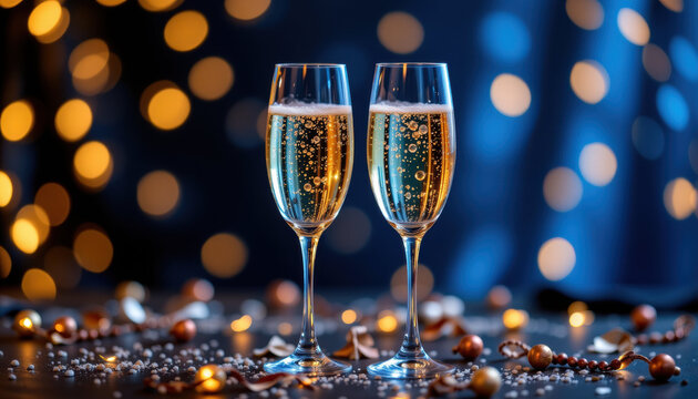 Two champagne glasses filled with sparkling bubbly drink on festive table with warm glowing lights creating joyful mood