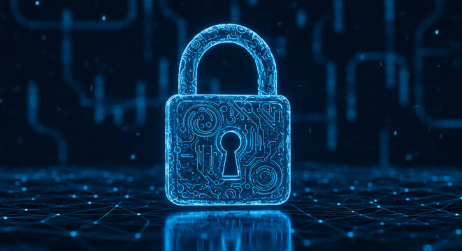 Glowing blue padlock on dark background security concept