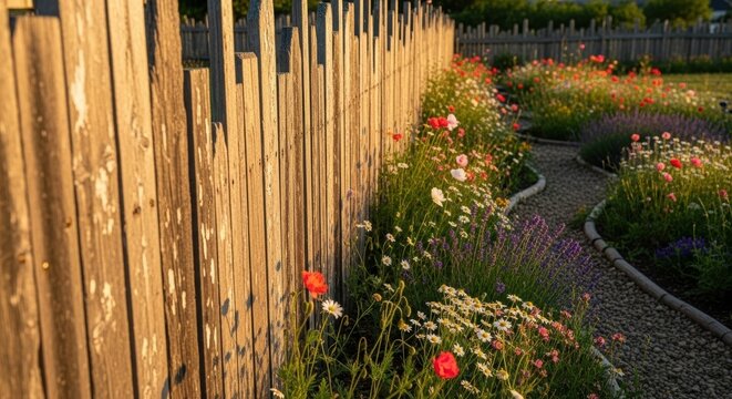 Beautiful flower garden with various colorful blooms next to a rustic wooden fence and a stone path. Rural landscape in warm sunlight. Nature. - Powered by Adobe
