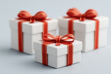 Obraz premium Elegant white gift boxes adorned with vibrant red ribbons, perfe