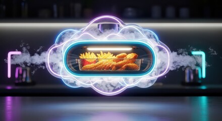 Glowing futuristic food preparation device cooks crispy snacks enveloped in digital smoke