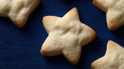 Golden star-shaped cookies on dark blue surface evoke festive ch