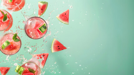 Watermelon juice splash with fruit slices on isolated background — perfect for drink branding, used for summer ads and beverage marketing.